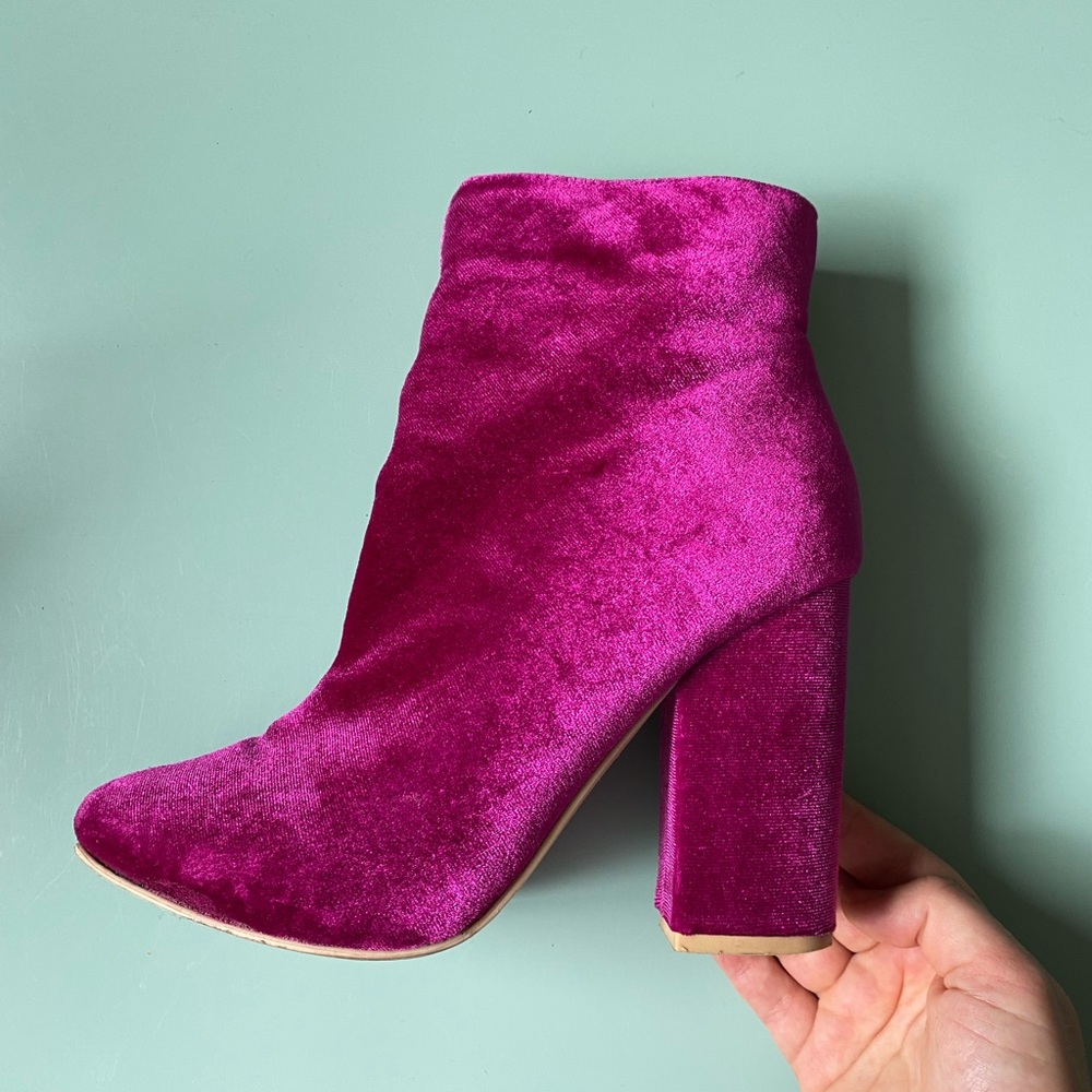 JustFab Pink Velvet Ankle Booties with Block Heel